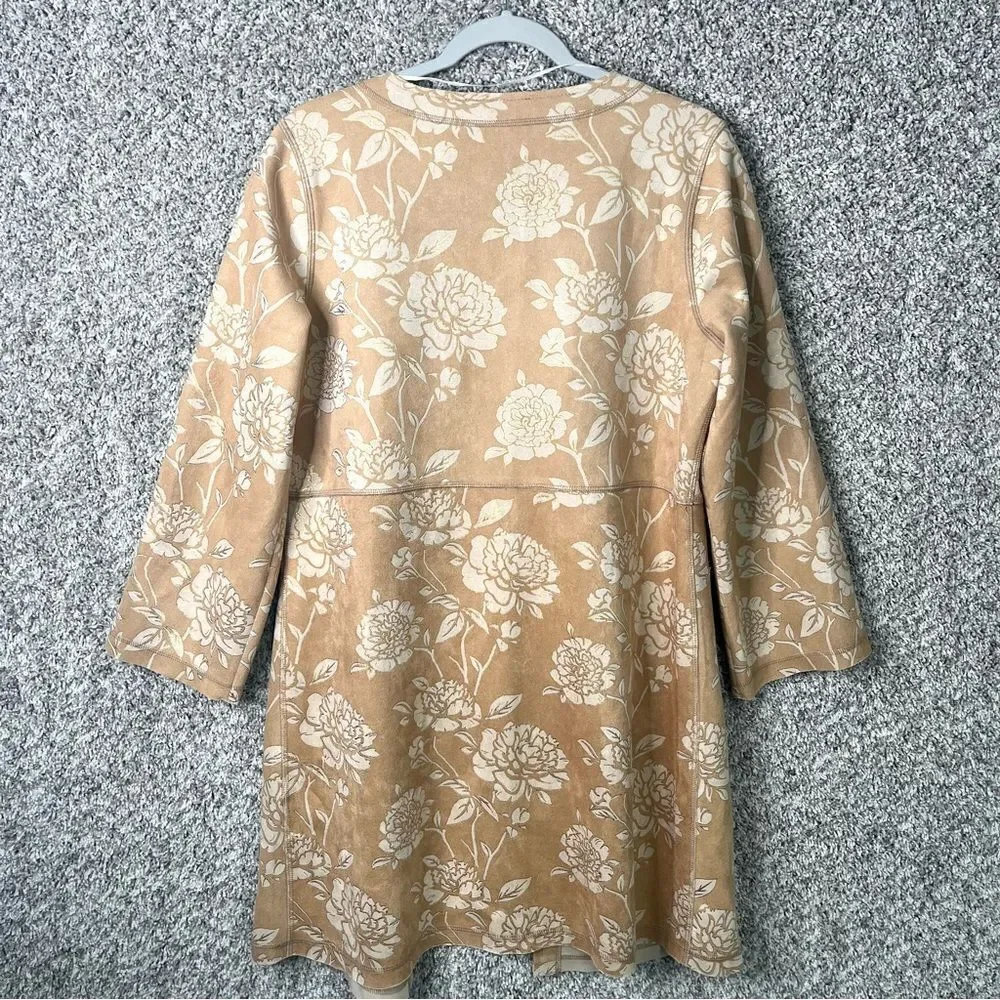 Solitaire Jacket Women's Medium Tan Rose Floral Print Open Front‎ Lightweight